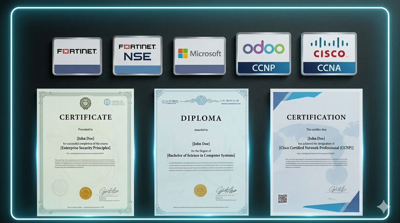 Certificações oficiais Fortinet, Cisco, Microsoft, Odoo