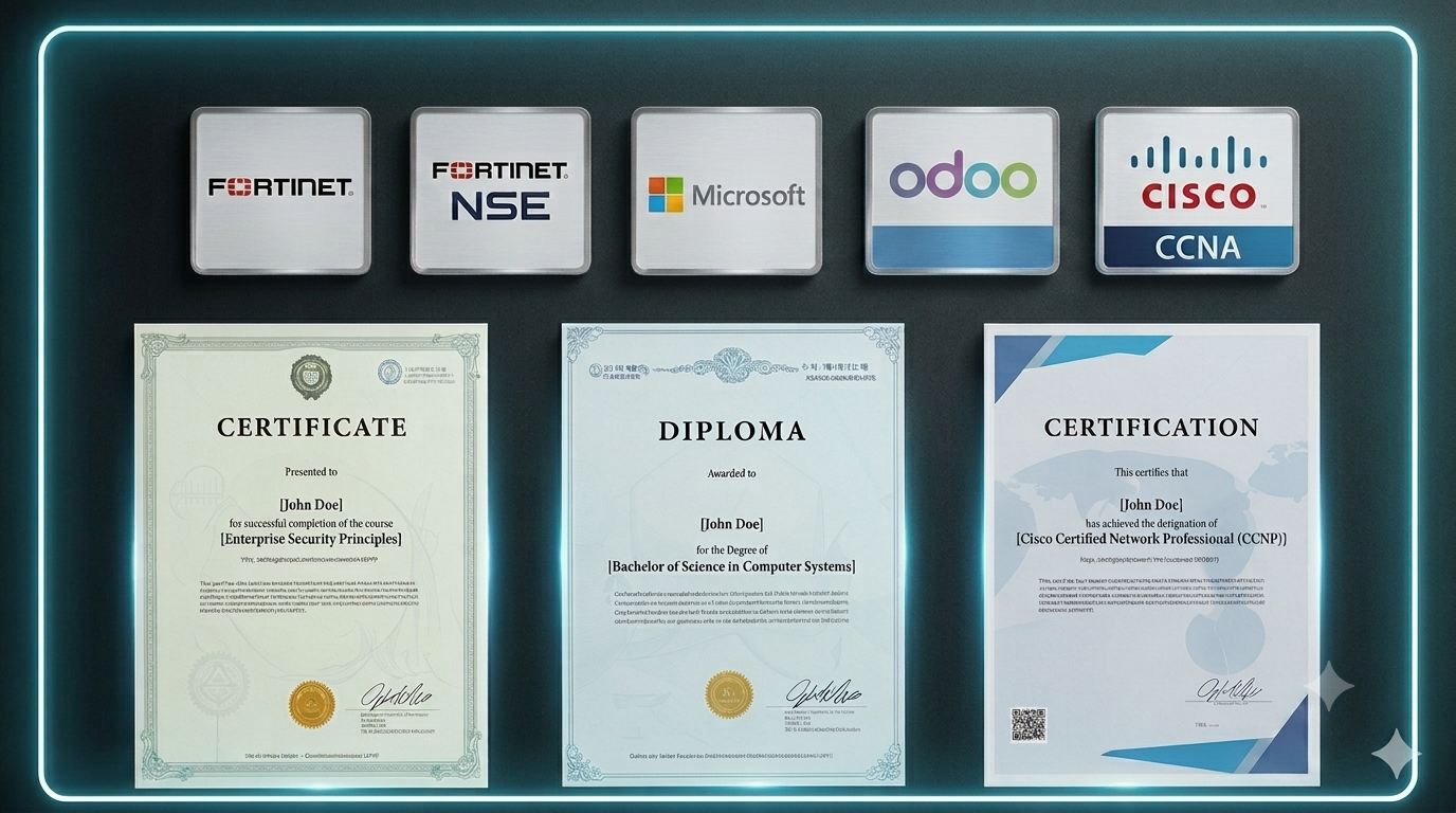 Certificações oficiais Fortinet, Cisco, Microsoft, Odoo